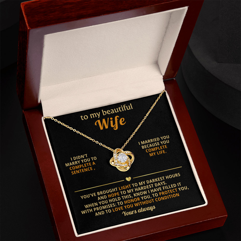 Love Knot Necklace – Gold Pendant With Cubic Zirconia, Gift For Wife