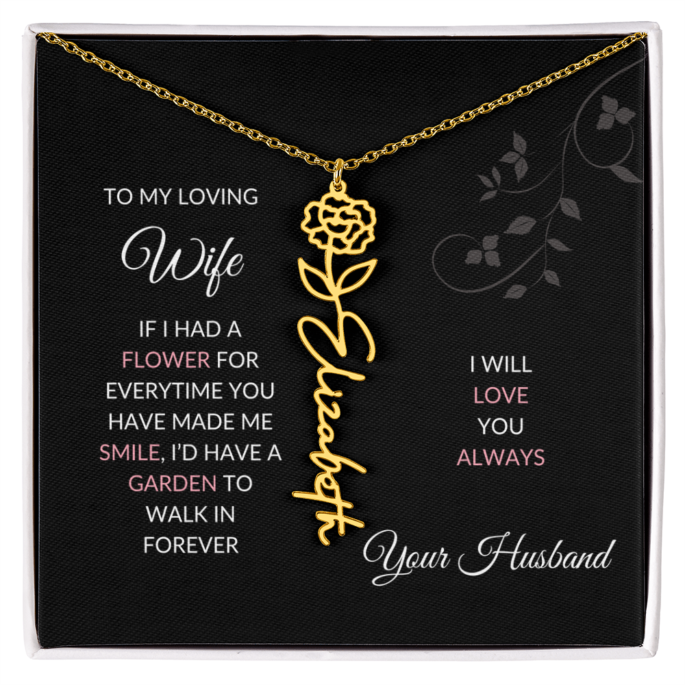 Birth Flower Necklace – Custom Name Pendant With Adjustable Chain & 18K Gold Finish