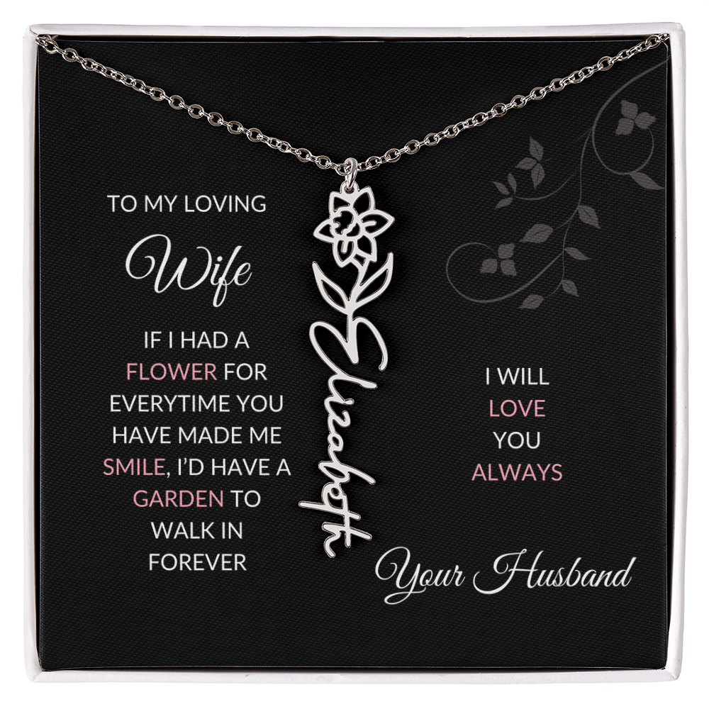 Birth Flower Necklace – Custom Name Pendant With Adjustable Chain & 18K Gold Finish