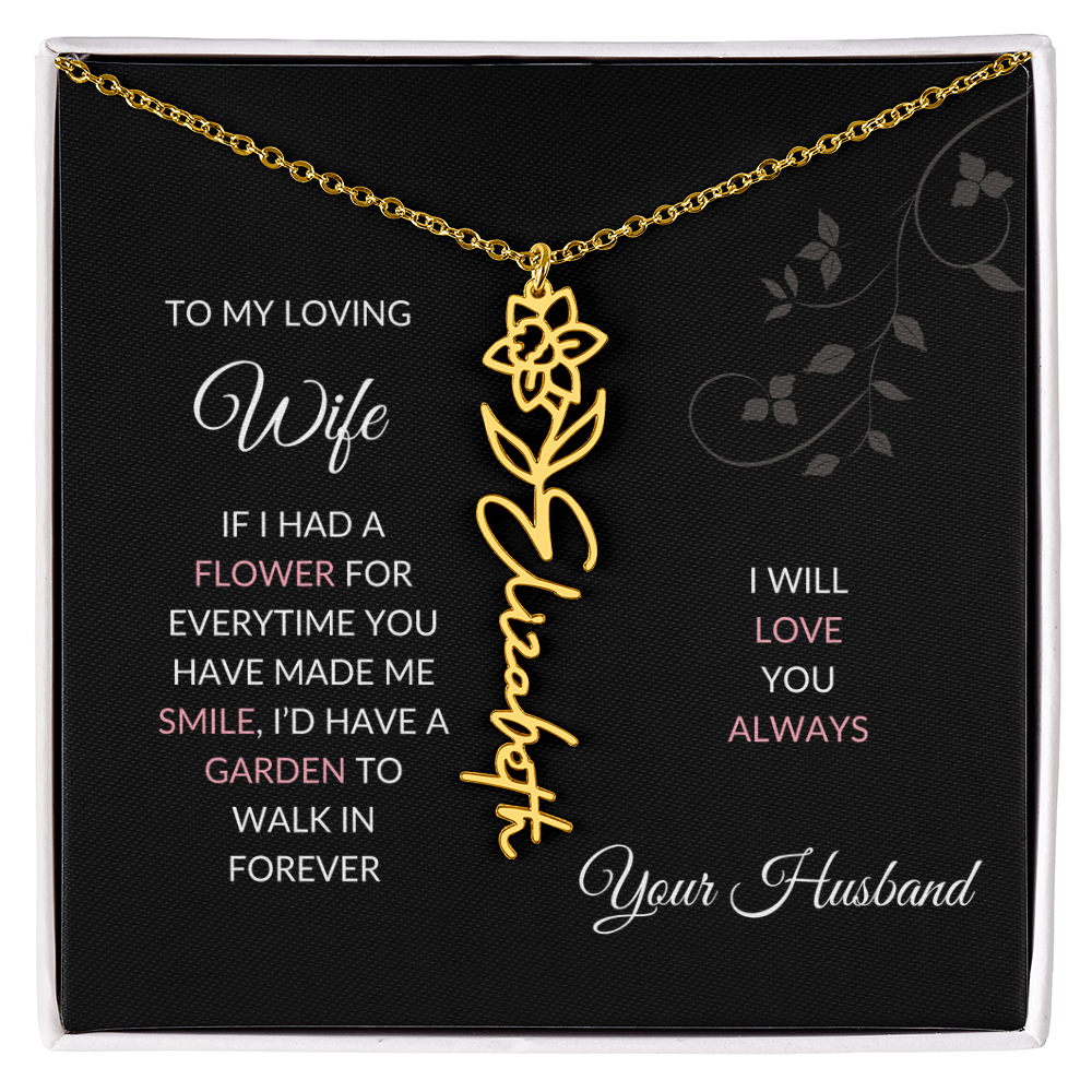 Birth Flower Necklace – Custom Name Pendant With Adjustable Chain & 18K Gold Finish