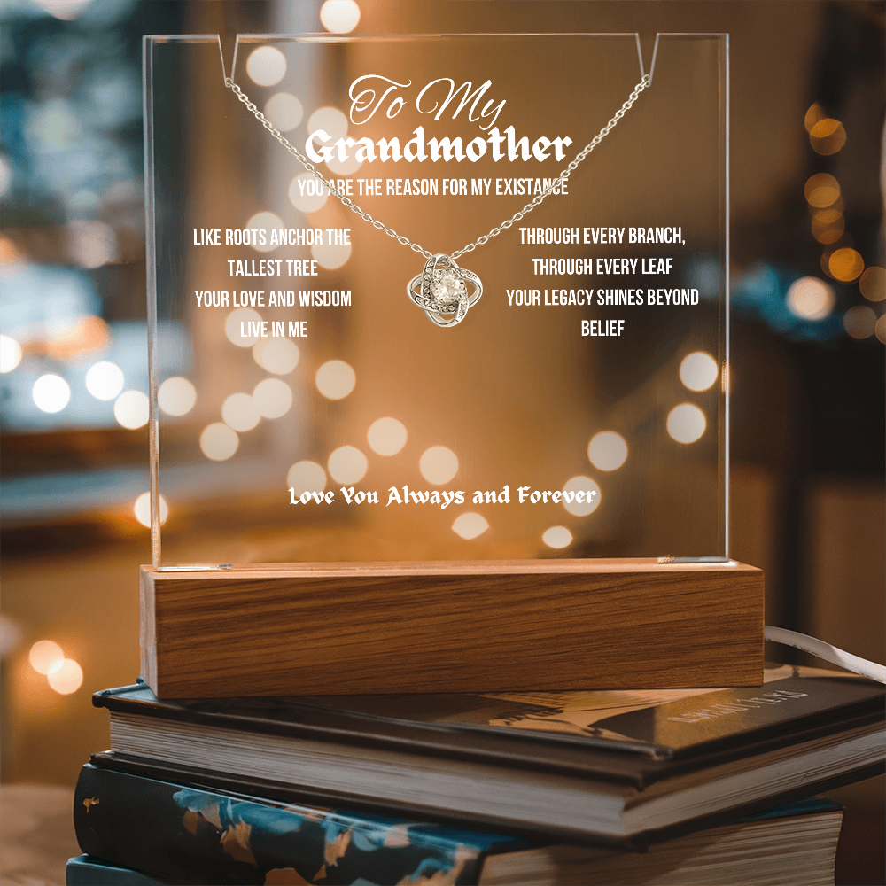 To My Grandmother Acrylic Led Lamp With Love Knot Necklace Gift For Mother's Day Birthday