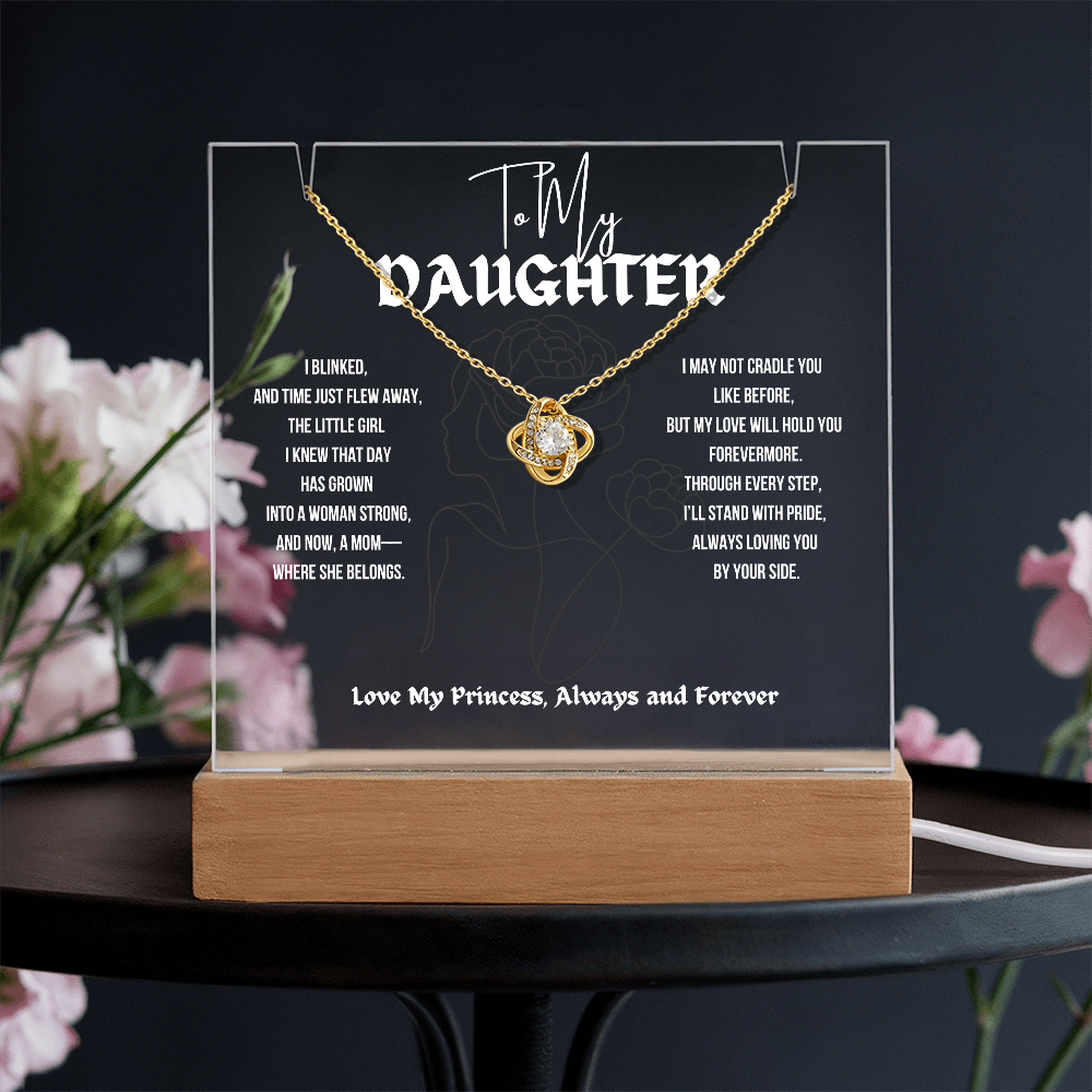 To My Daughter Love Knot Necklace With Keepsake Acrylic Led Lamp