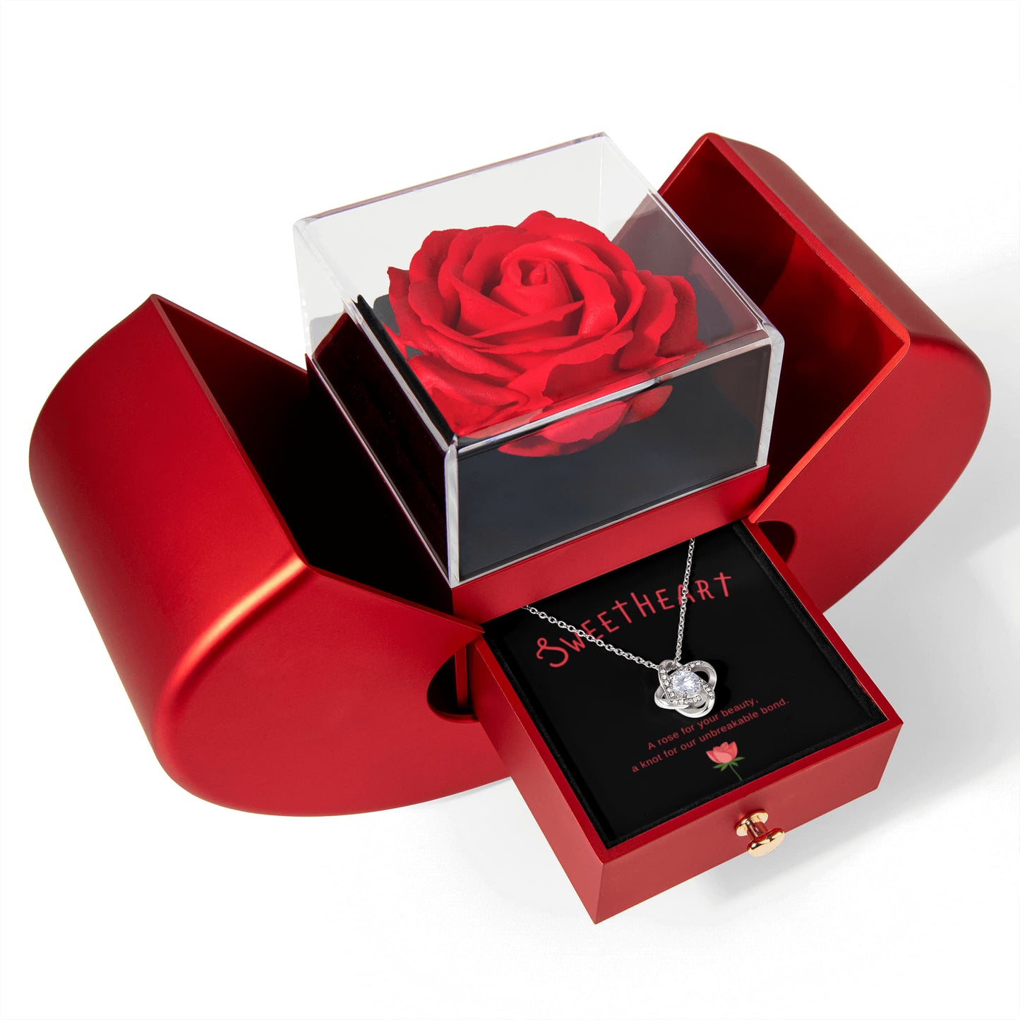 To My Sweatheart Rose Heart Box with Love Knot Necklace