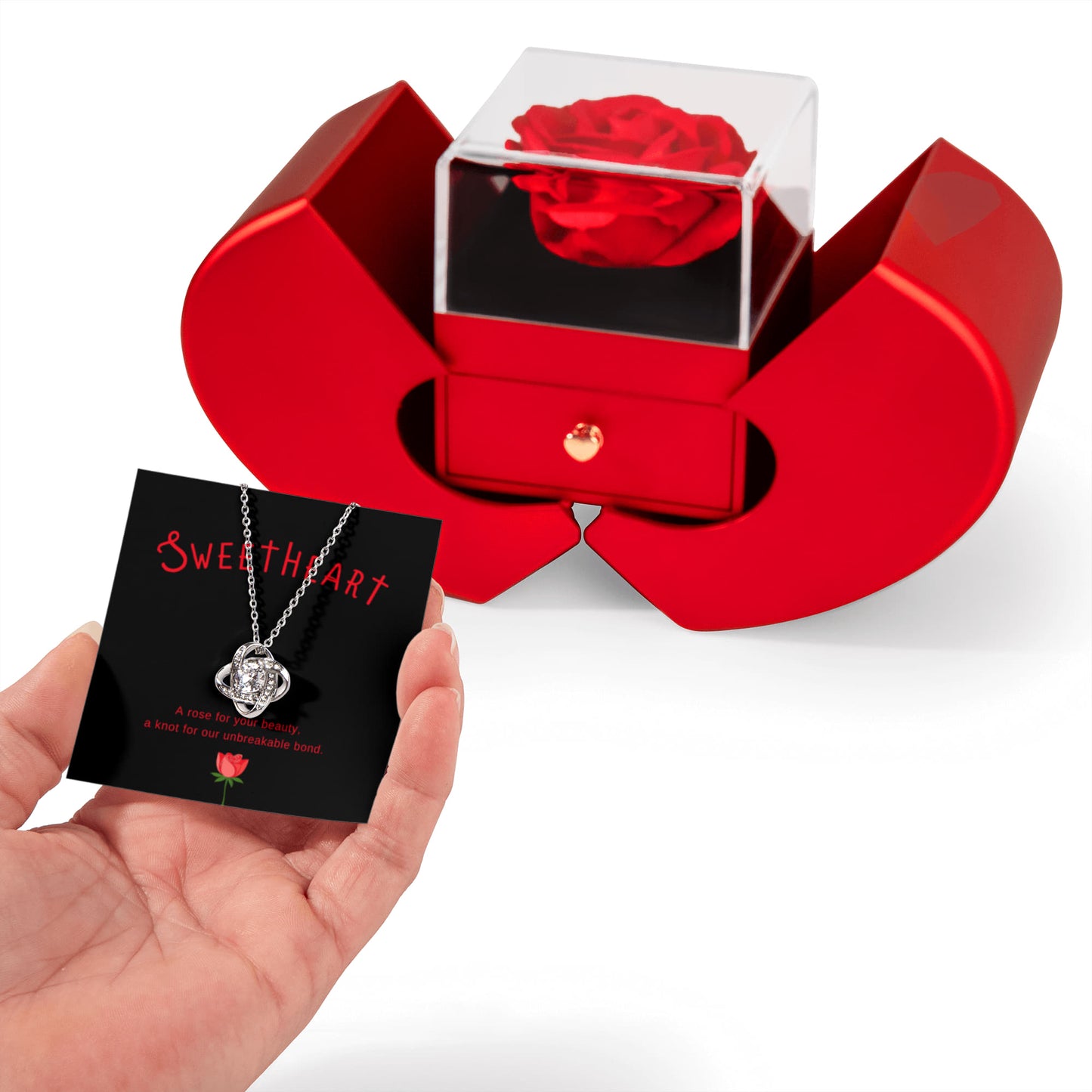 To My Sweatheart Rose Heart Box with Love Knot Necklace