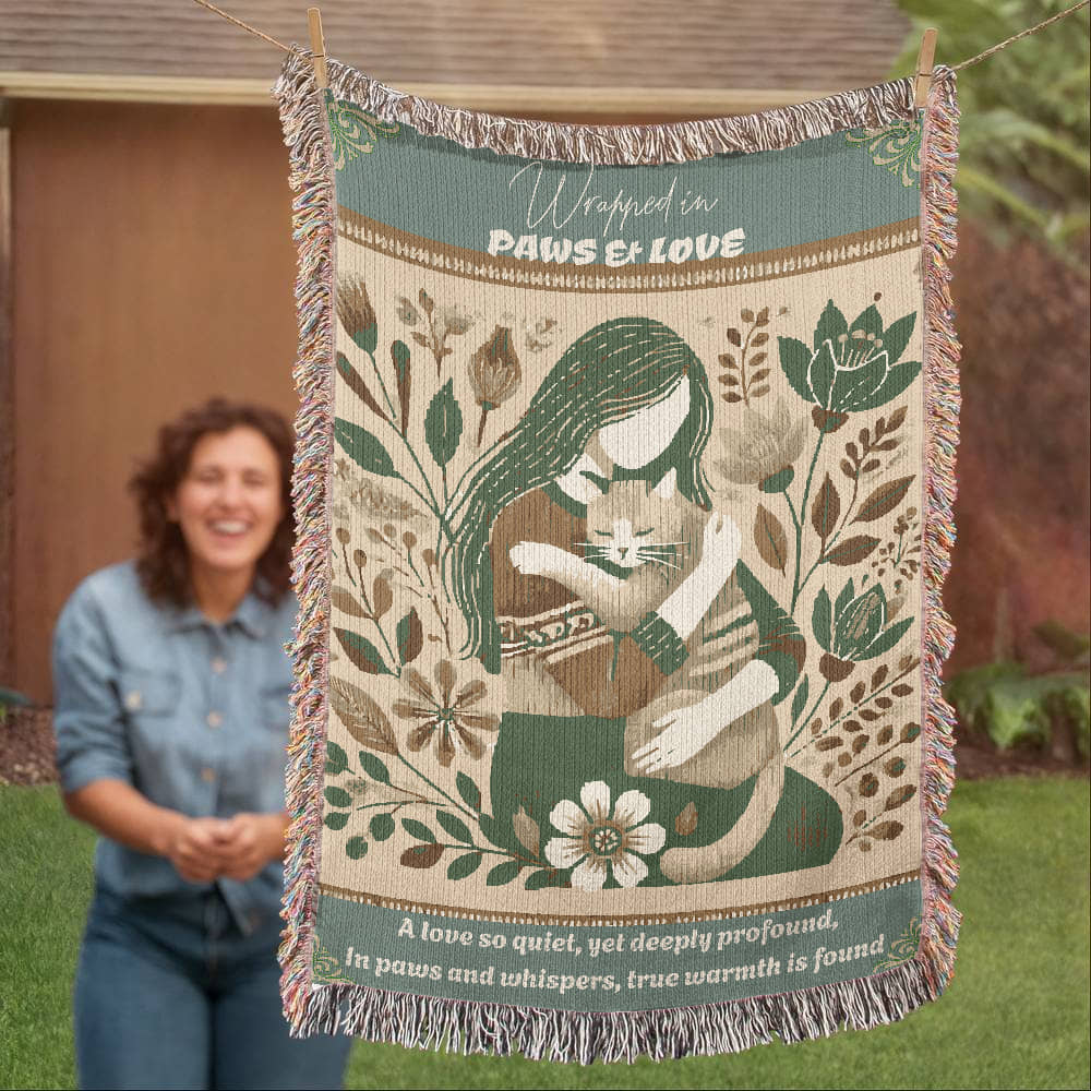 Wrapped With Paws & Love Woven Blanket Gift For Cat Mom