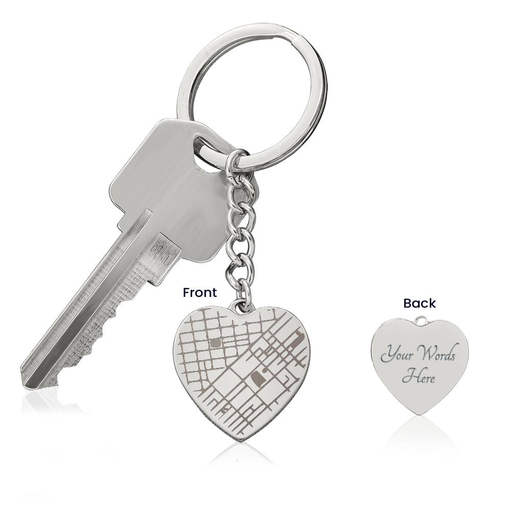Engraved Map Keychain – Personalised Heart Map Keepsake, Stainless Steel Gift