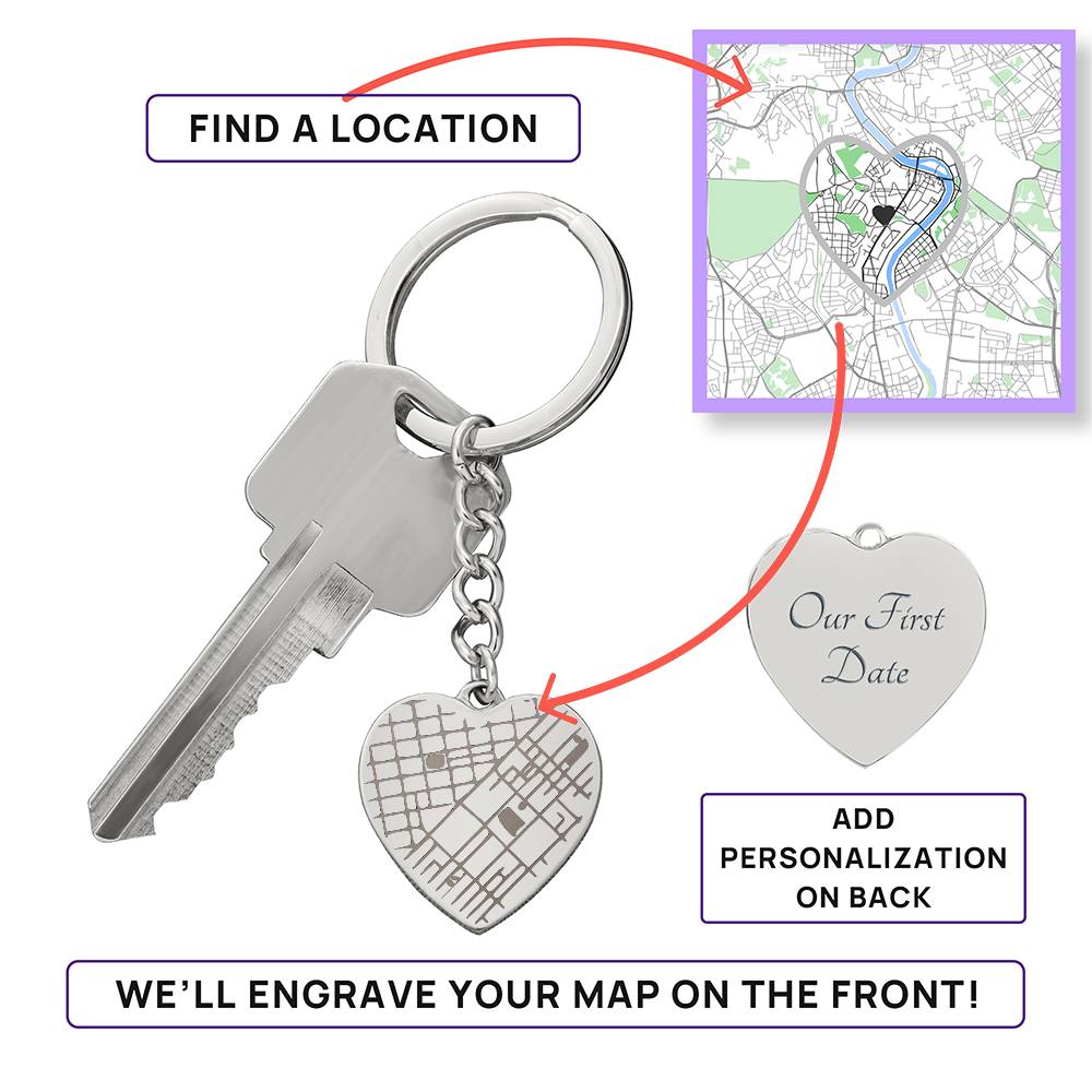 Engraved Map Keychain – Personalised Heart Map Keepsake, Stainless Steel Gift