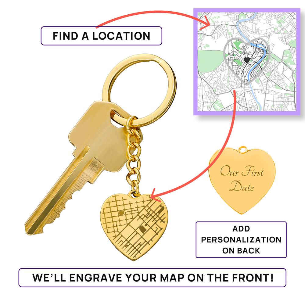 Engraved Map Keychain – Personalised Heart Map Keepsake, Stainless Steel Gift